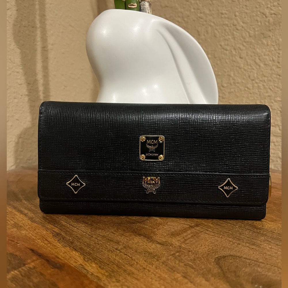 MCM Black Textured Leather Continental Wallet with Gold Hardware